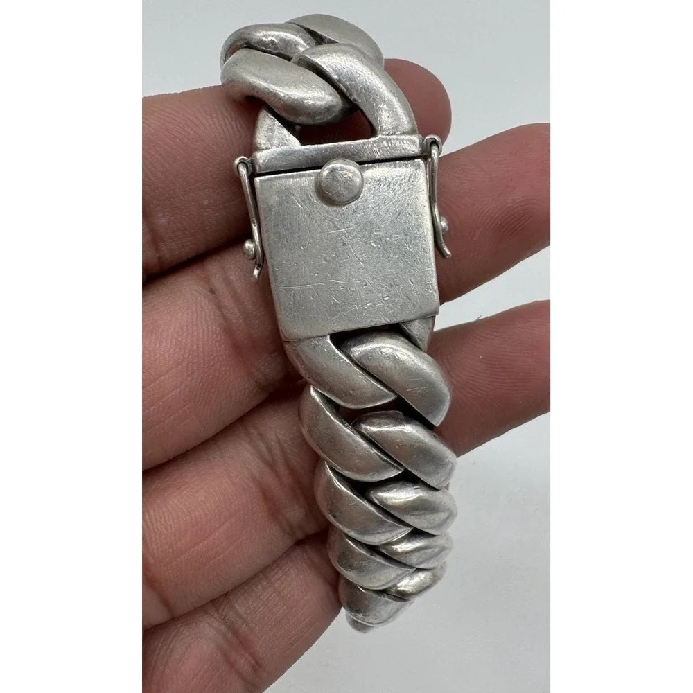 Vintage Heavy 183g Curb Link Chain Bracelet Silver Tone 22mm Wide 9.5in Clasp